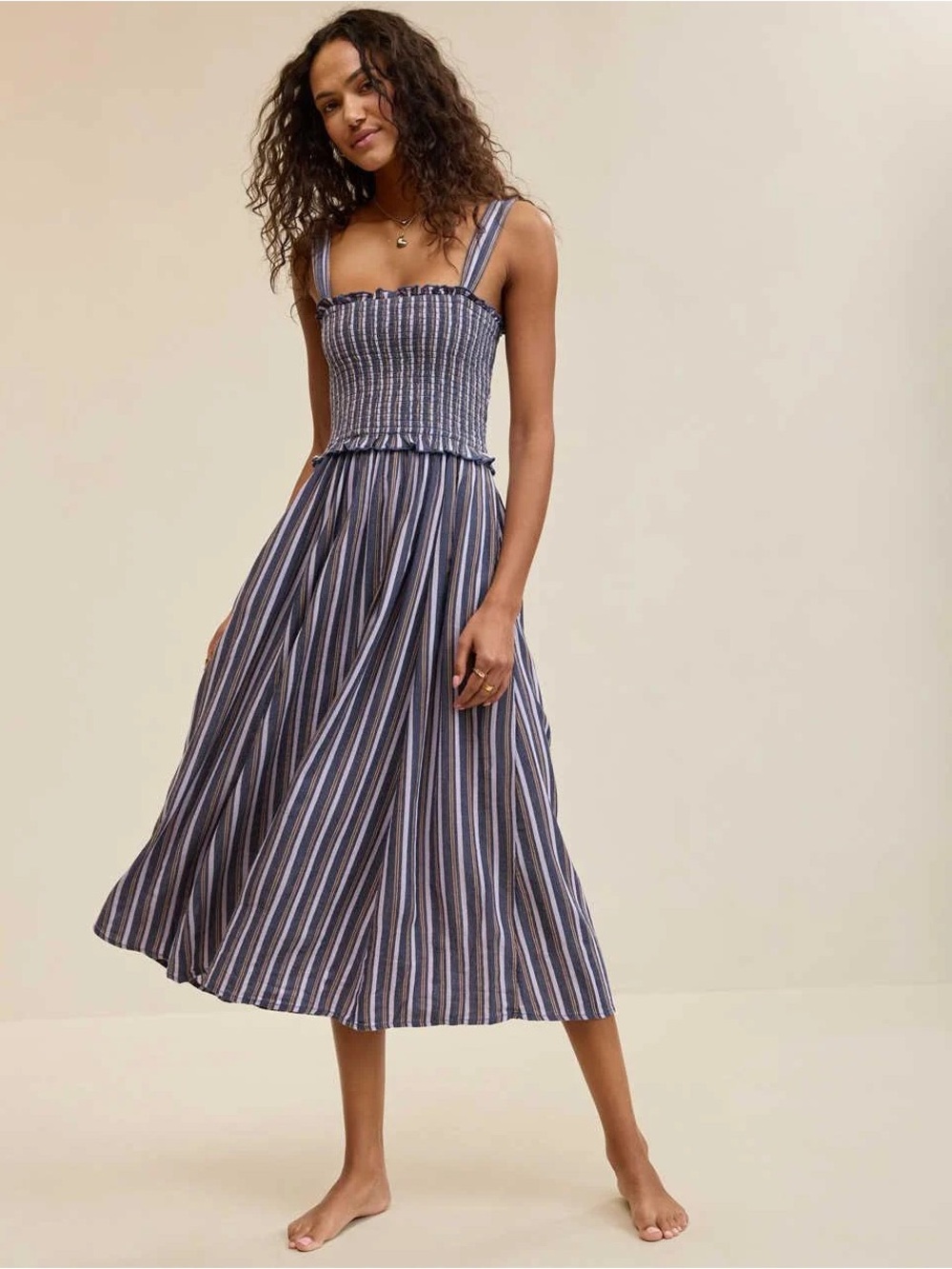 American Eagle Outfitters Blue Striped Smocked Midi Dress